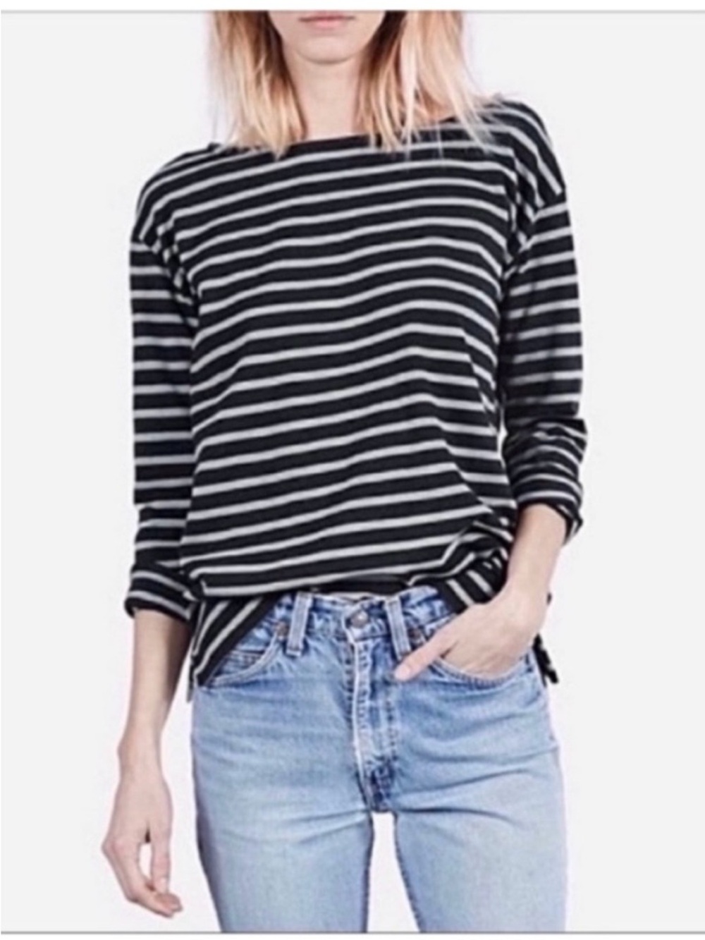 Everlane The Boxy Striped tee gray black boat neck
